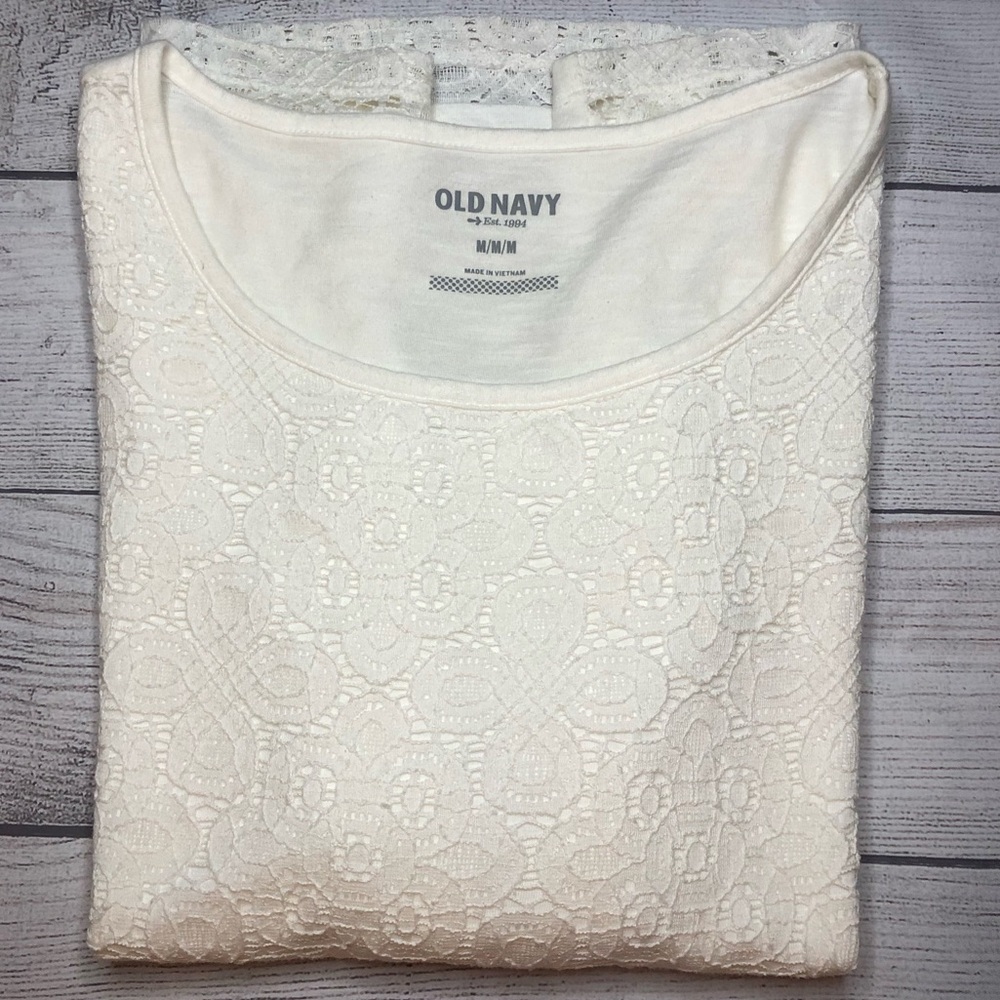 Sz M OLD NAVY White Lace Lined Top 3/4 Sleeve Women’s Shirt